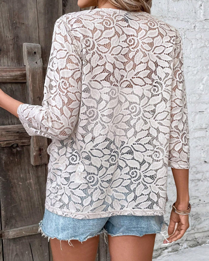 Manteau en dentelle de couleur unie à manches trois-quarts