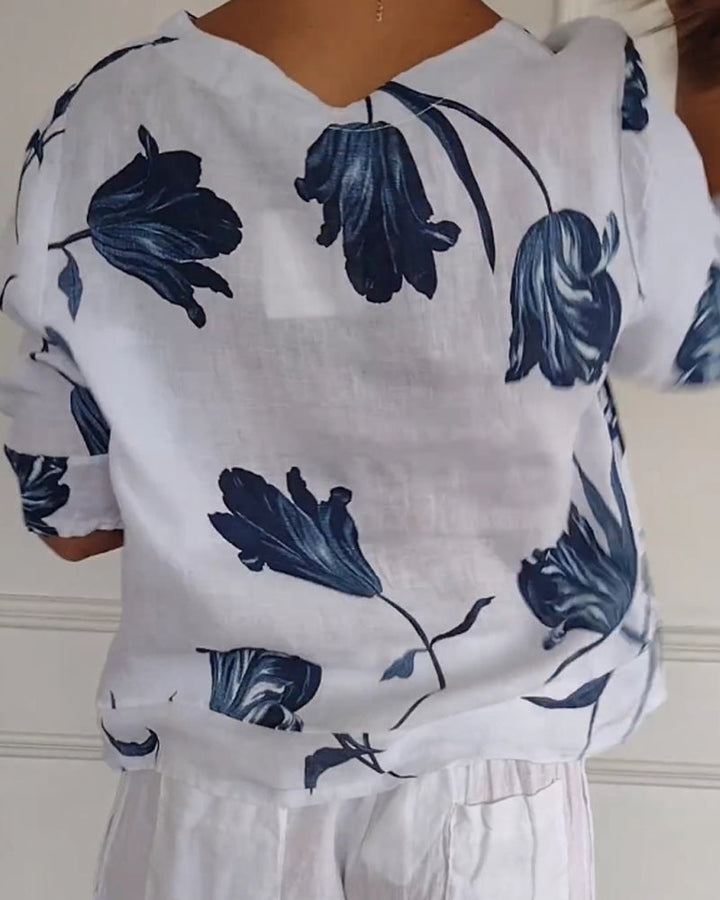 Haut boutonné en coton et lin imprimé fleuri