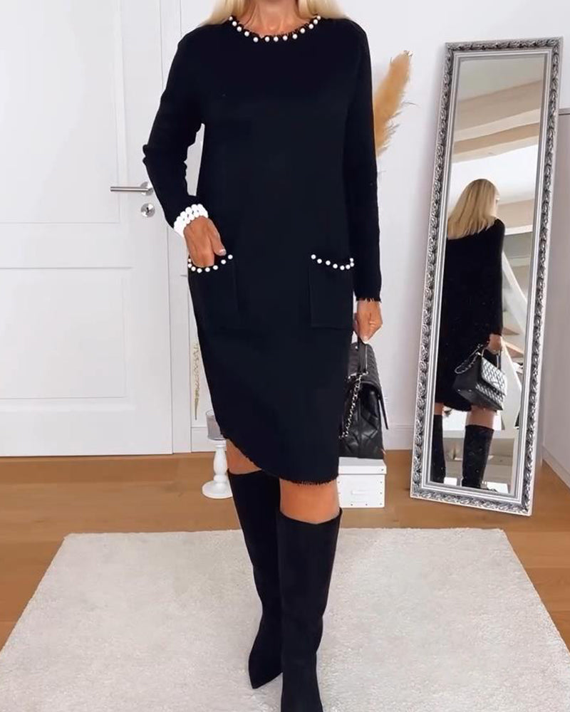 Robe Pull À Col Rond Perlée Manches Longues