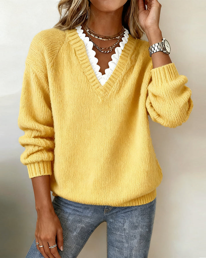 Pull Élégant À Volants Avec Col En V