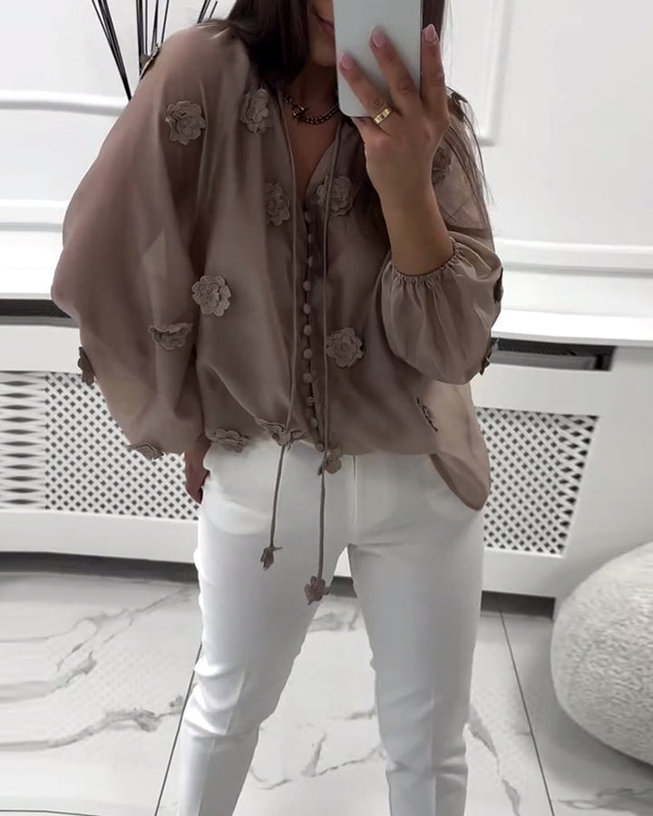 Blouse Unie Fleurs 3D À Lacets