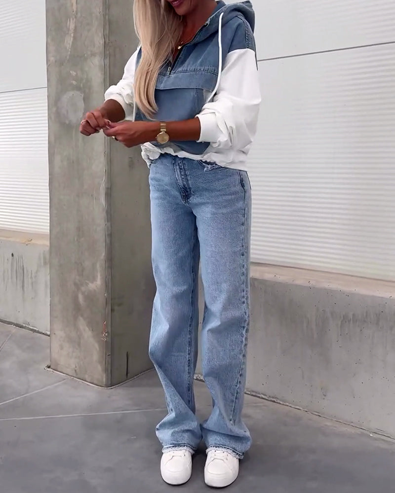 Sweat à capuche zippé en patchwork de denim décontracté