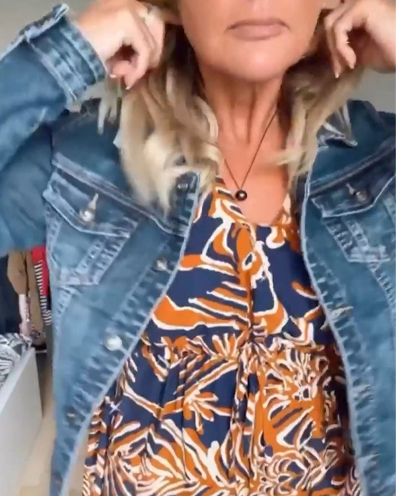 Manteau en jean décontracté à manches longues et revers boutonnés