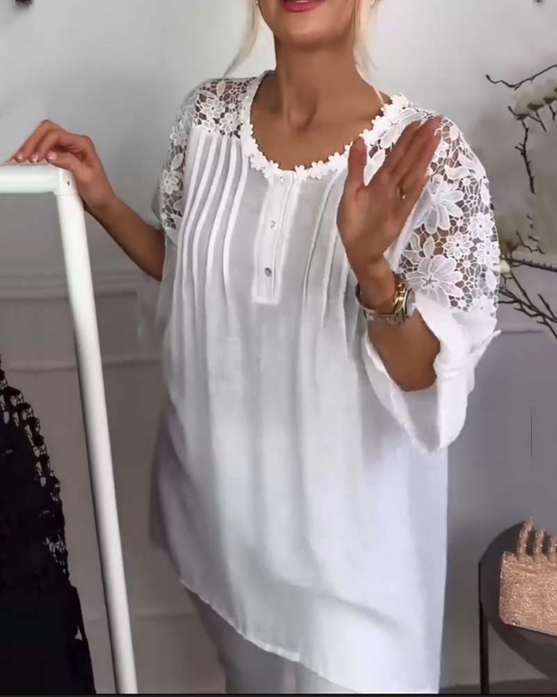 Blouse Col Rond Dentelle Patchwork Floral