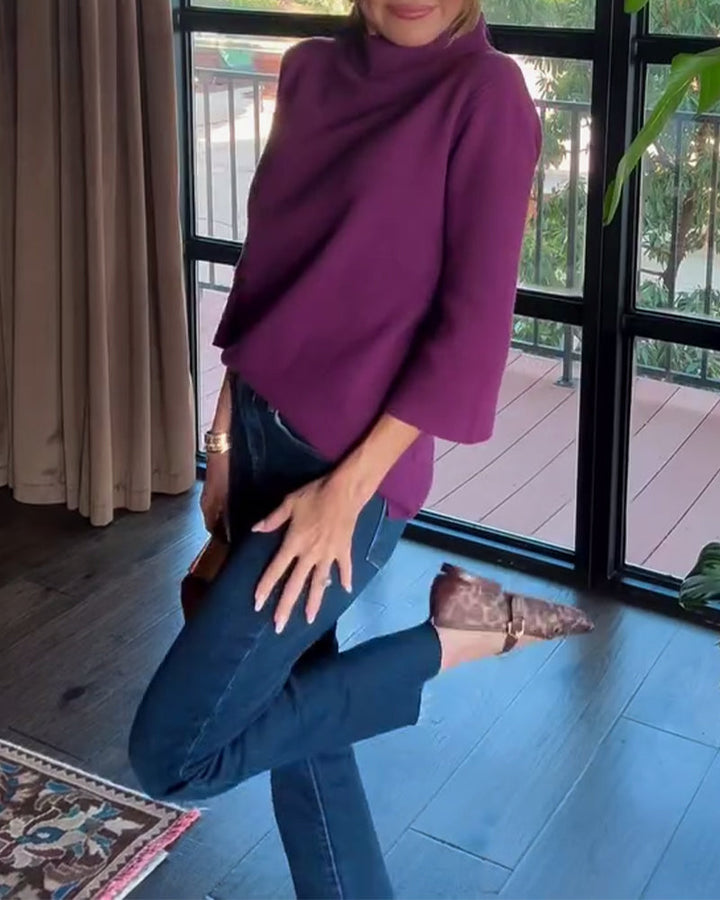 Pull Col Montant Élégant Manches Trois-Quarts