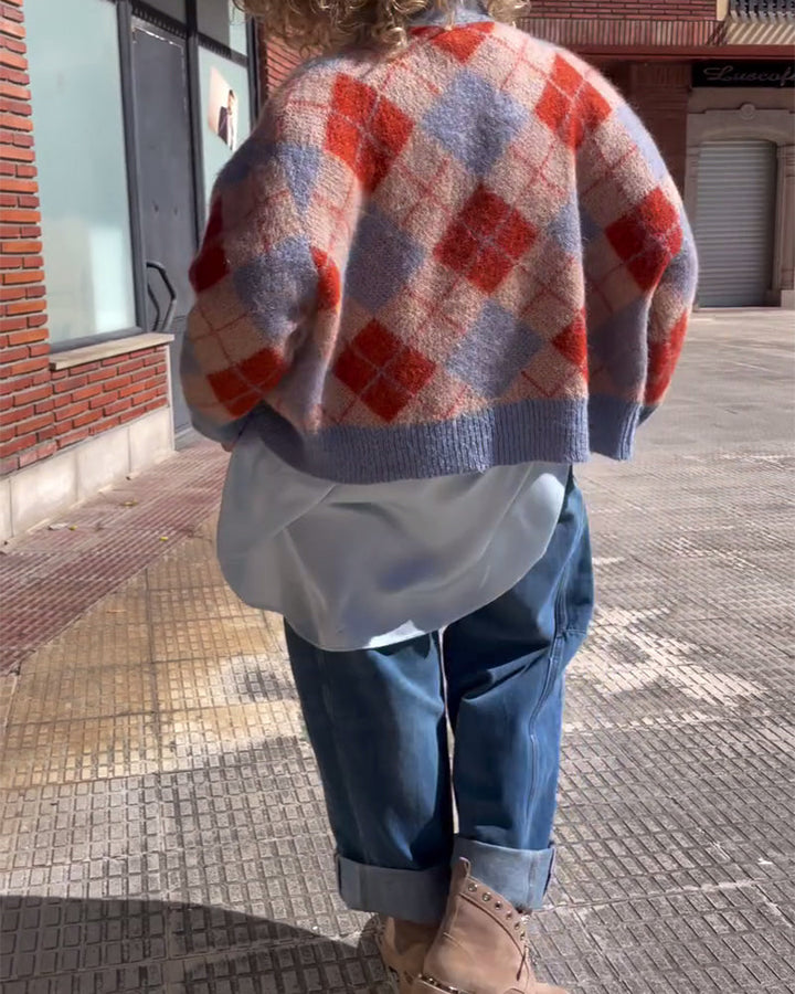 Cardigan Géométrique Color Block Bouton Devant