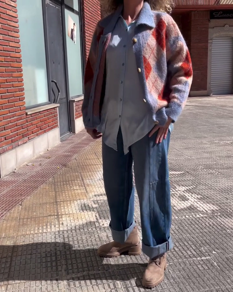 Cardigan Géométrique Color Block Bouton Devant