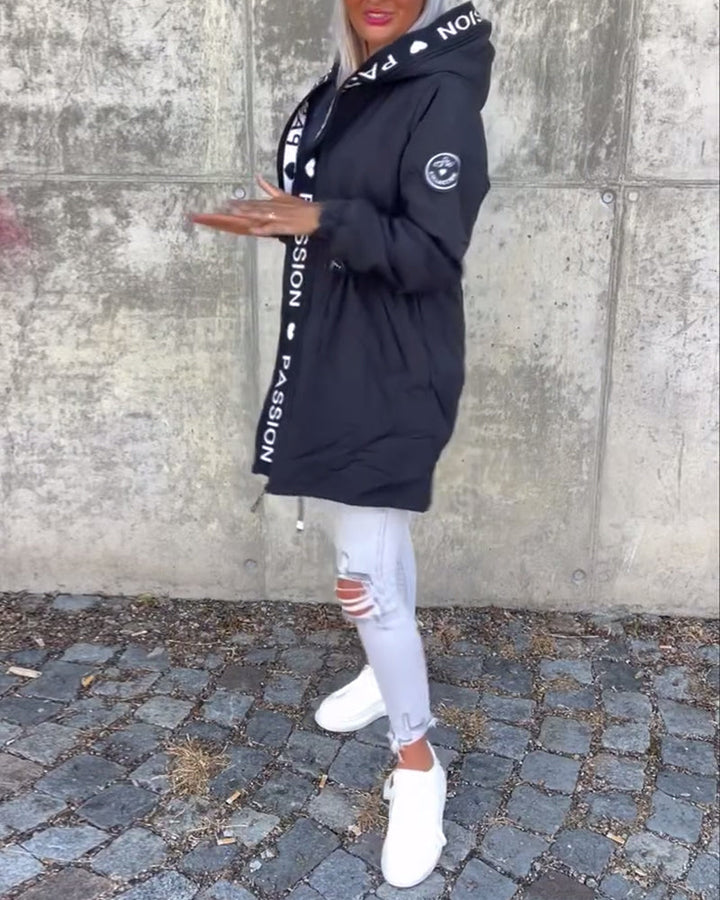 Manteau à capuche décontracté avec cordon de serrage et imprimé lettre