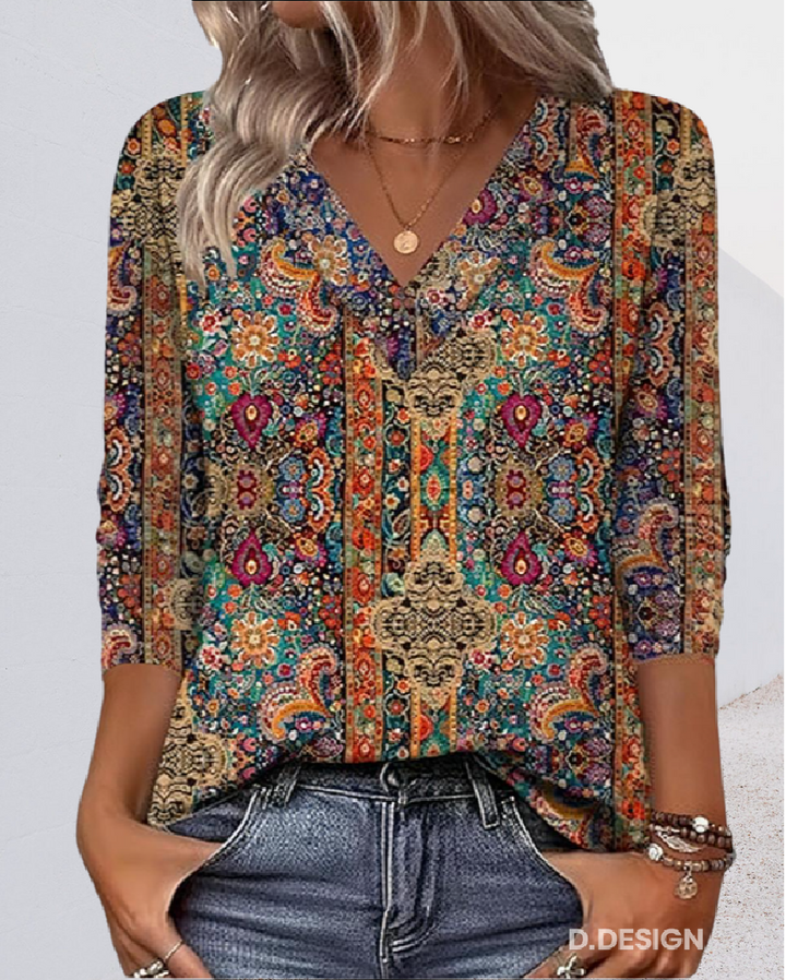 Blouse Rétro Imprimé Encolure En V