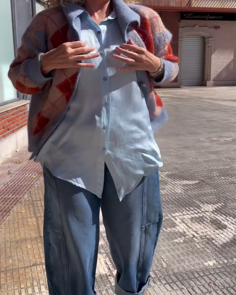 Cardigan Géométrique Color Block Bouton Devant