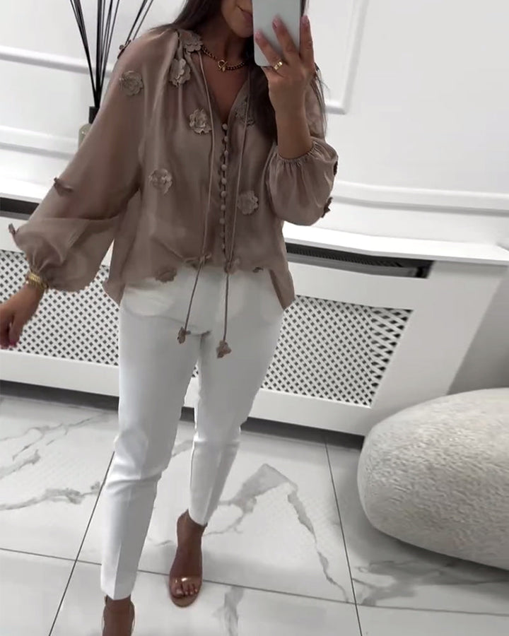 Blouse Unie Fleurs 3D À Lacets