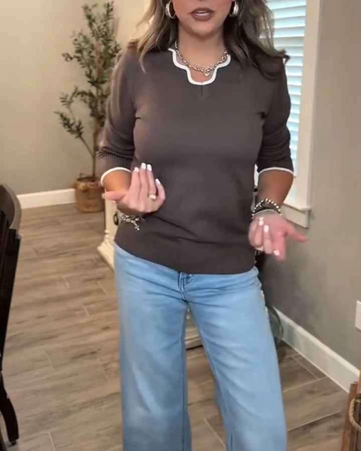 Pull de Base à Manches Longues et Couleur Contrastée