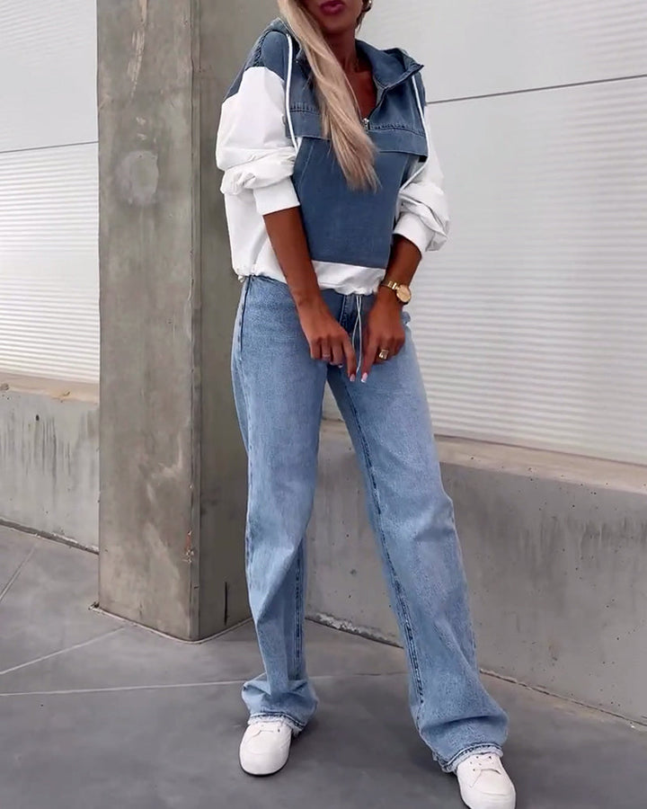 Sweat à capuche zippé en patchwork de denim décontracté