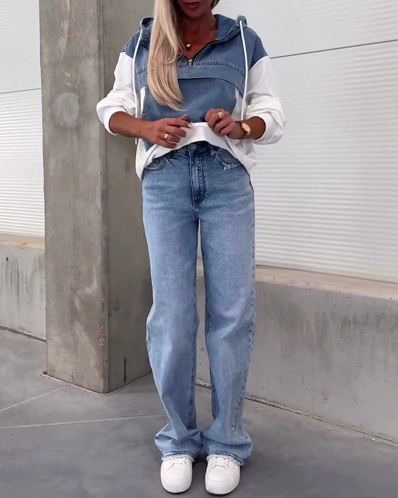 Sweat à capuche zippé en patchwork de denim décontracté