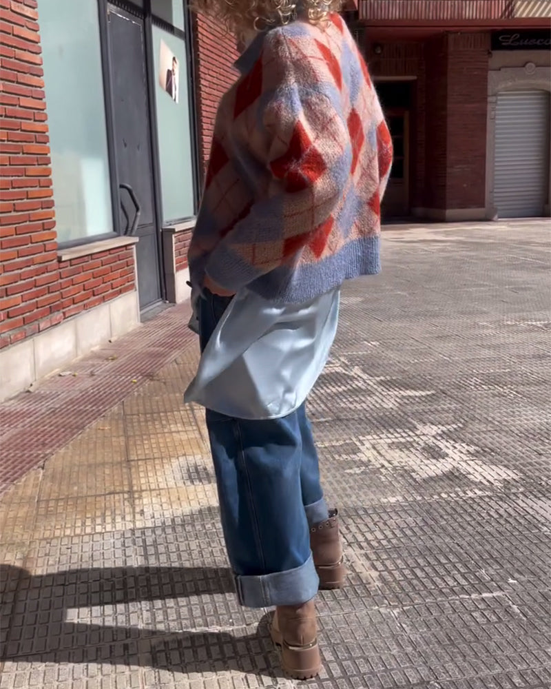 Cardigan Géométrique Color Block Bouton Devant