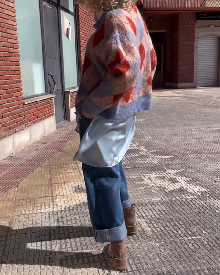 Cardigan Géométrique Color Block Bouton Devant