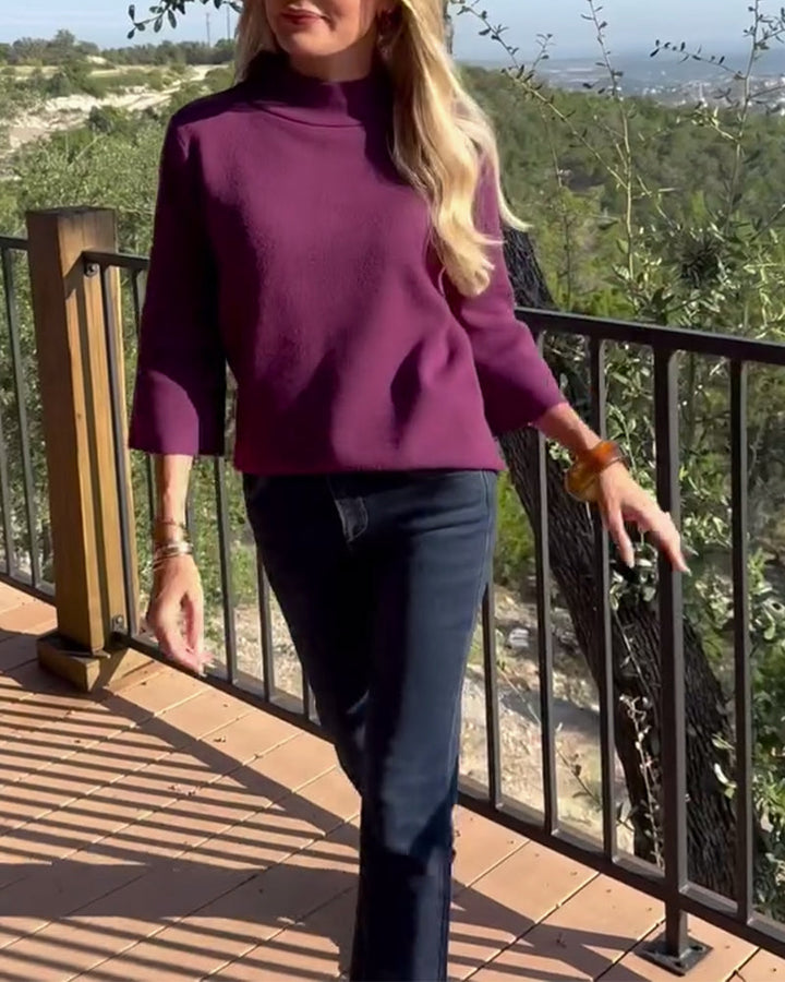 Pull Col Montant Élégant Manches Trois-Quarts