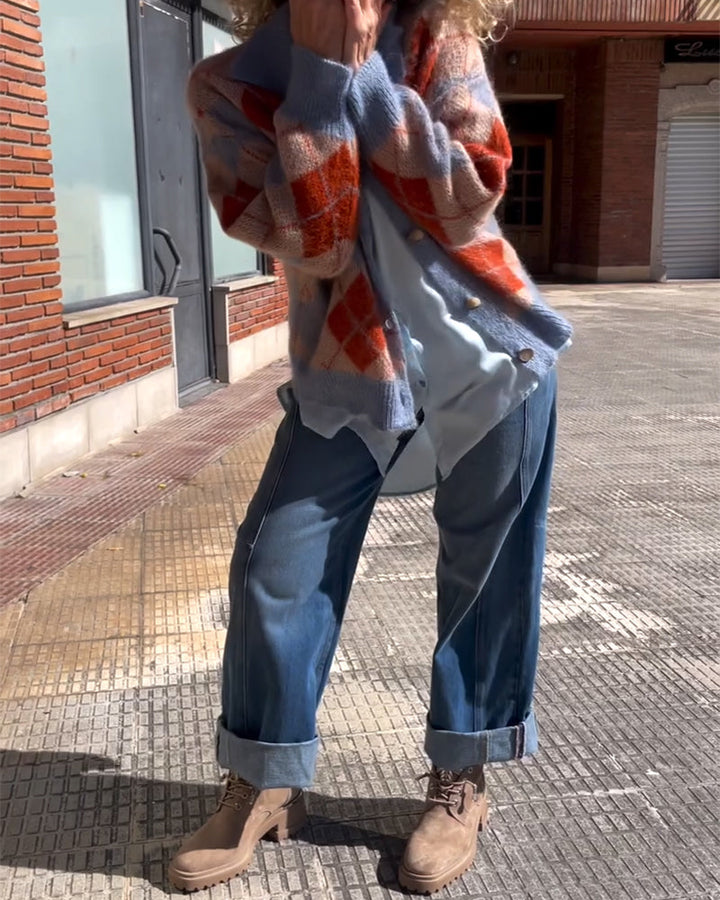 Cardigan Géométrique Color Block Bouton Devant