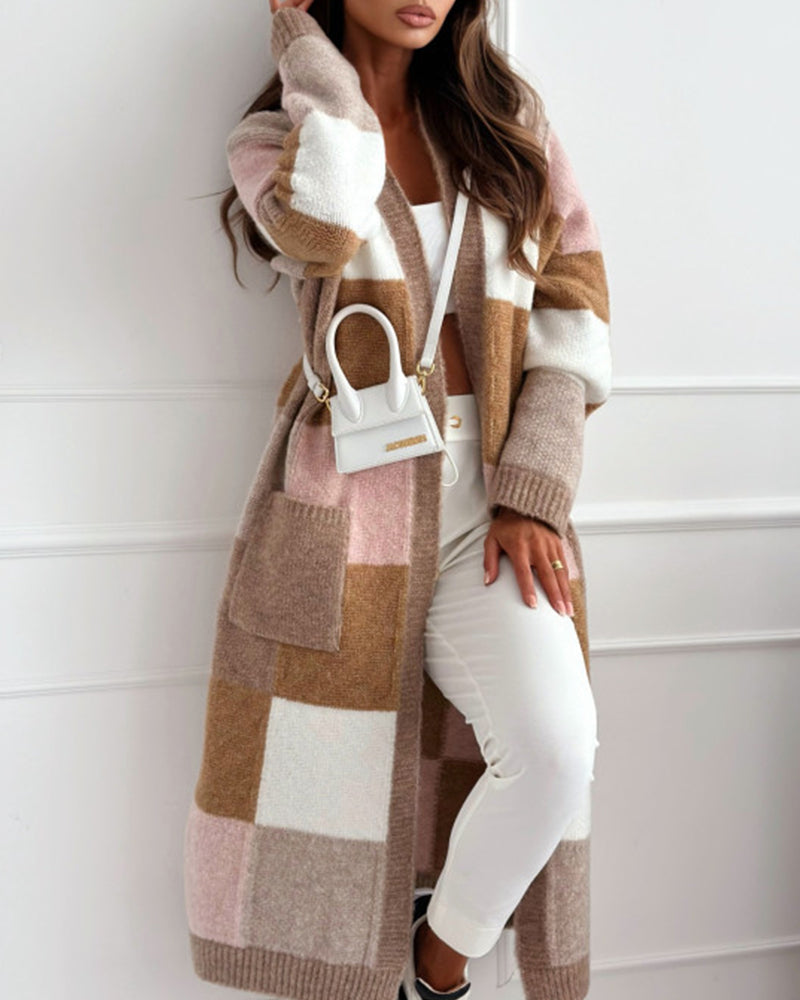 Cardigan ample décontracté à carreaux contrastés avec poche