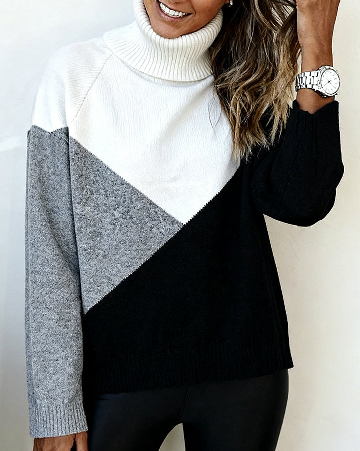 Pull Col Roulé Couleur Contrastée Tendance