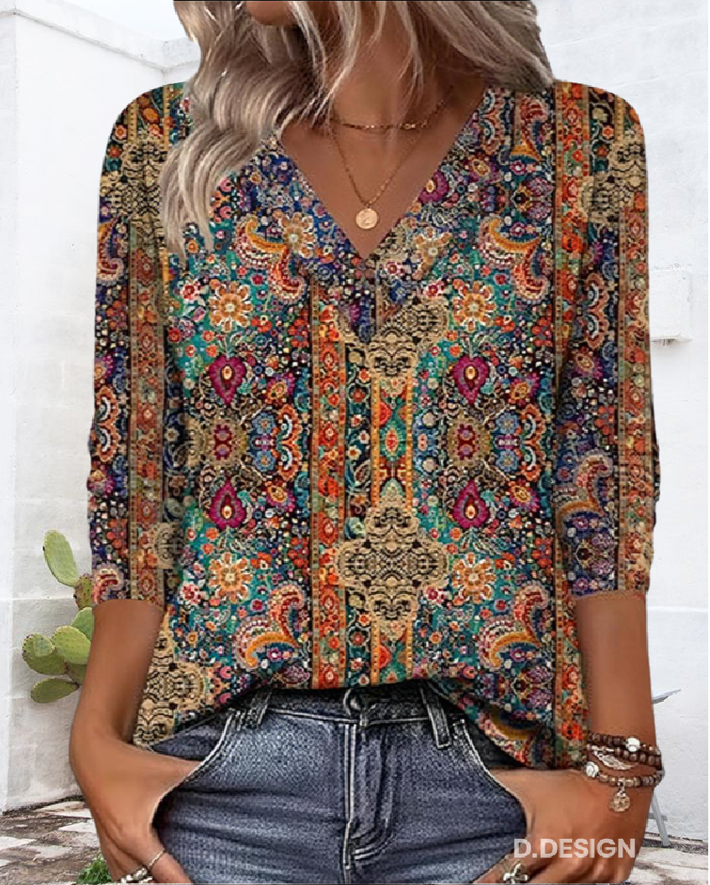 Blouse Rétro Imprimé Encolure En V