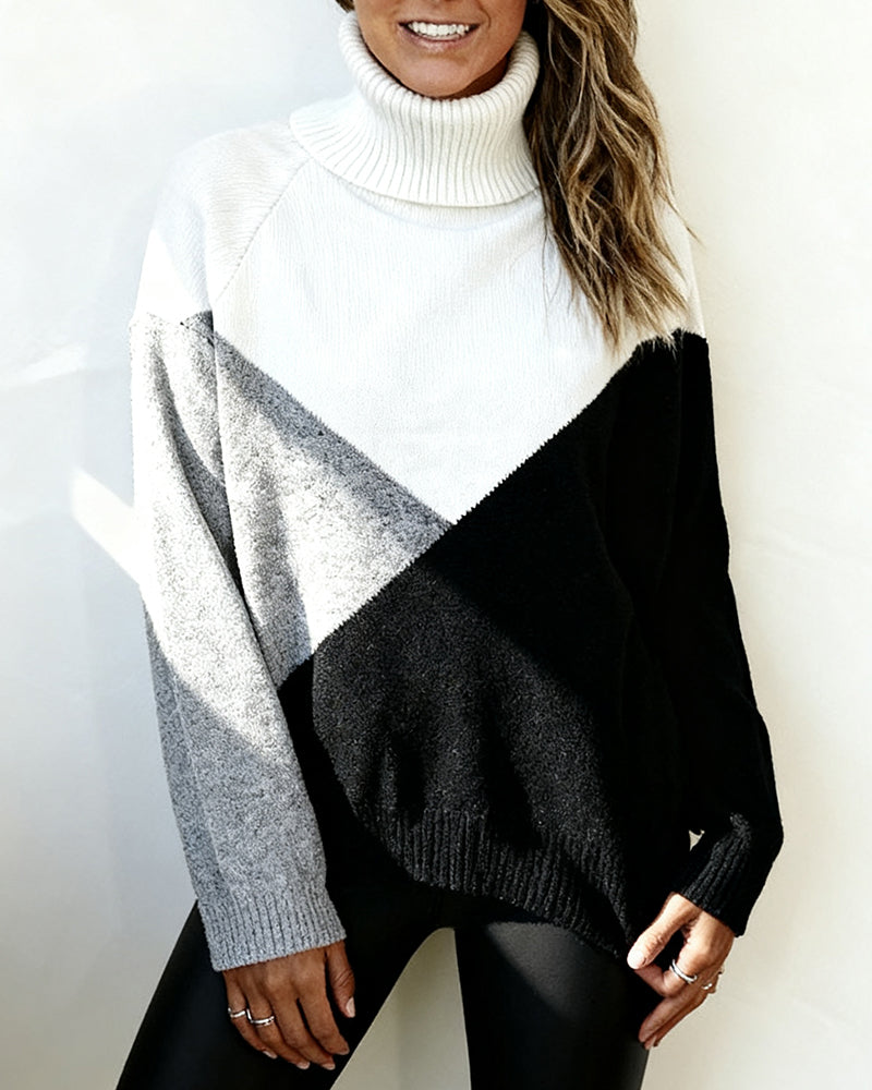 Pull Col Roulé Couleur Contrastée Tendance