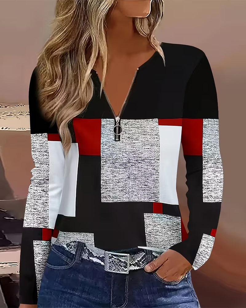 T-Shirt Décontracté Imprimé À Col V Avec Fermeture Éclair