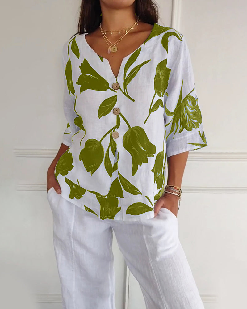 Haut boutonné en coton et lin imprimé fleuri