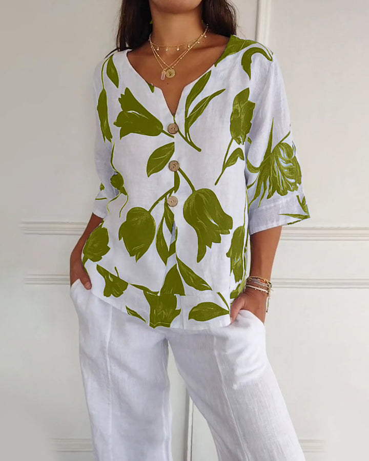 Haut boutonné en coton et lin imprimé fleuri