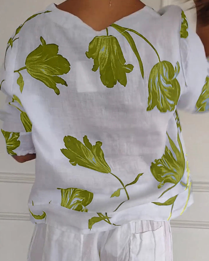 Haut boutonné en coton et lin imprimé fleuri